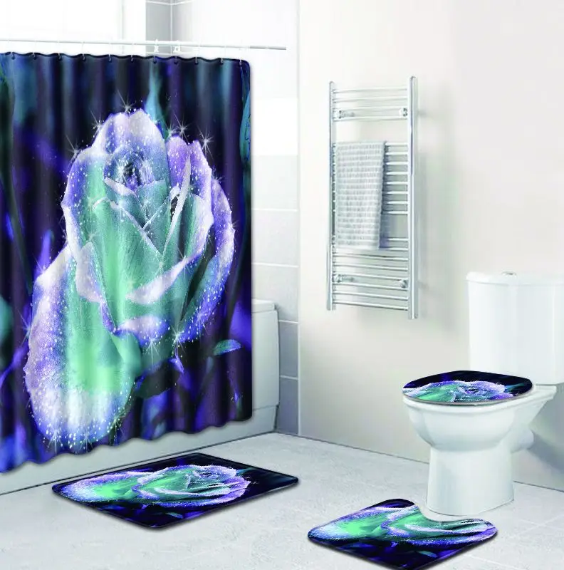 

4pcs flower 3D Pattern & 12 Hooks Bathroom Shower Curtain Multichoice Lot Waterproof Anti-slip Toilet Carpet Flannel Bath Mat