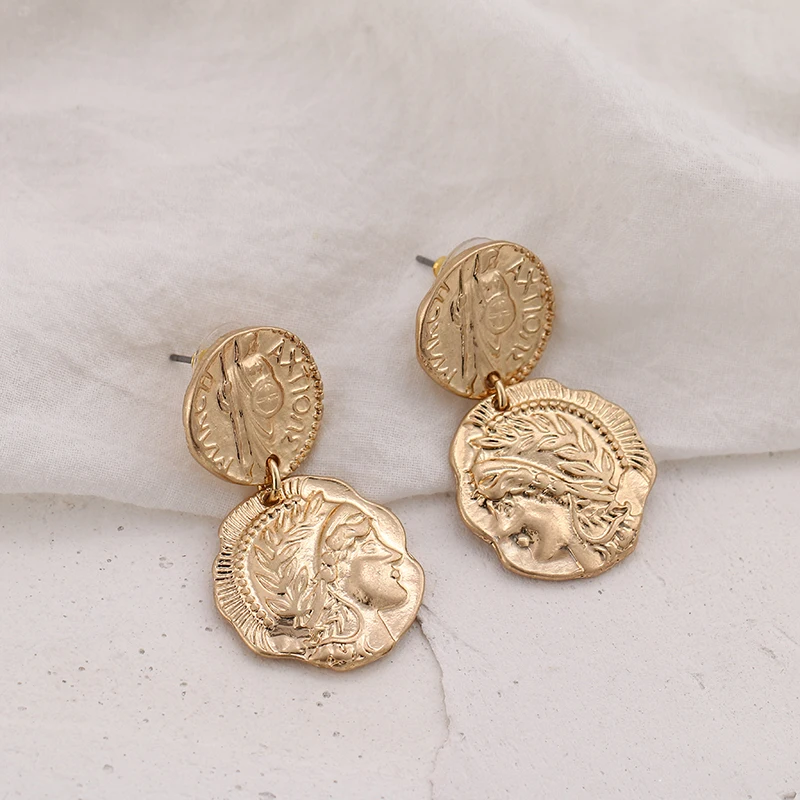 YMYW Zinc Alloy Geometric Gold Portrait Baroque Earrings Trendy Antique Personalized Double Layers Stylish Oorbellen Female Gift | Украшения