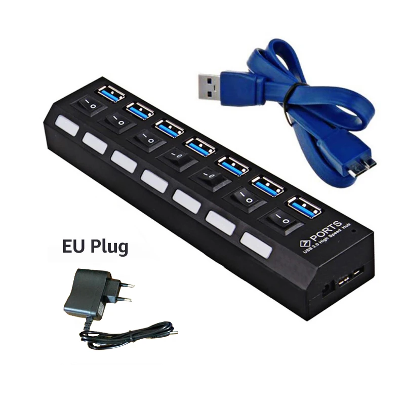 7 Port Black With EU EASYIDEA мини-концентратор USB 3,0 высокоскоростной 5 Гбит/с 4/7 портов Портативный Micro USB 3,0 концентратор с переключателем и внешним адаптером питания - Цвет: 7 Port Black With EU