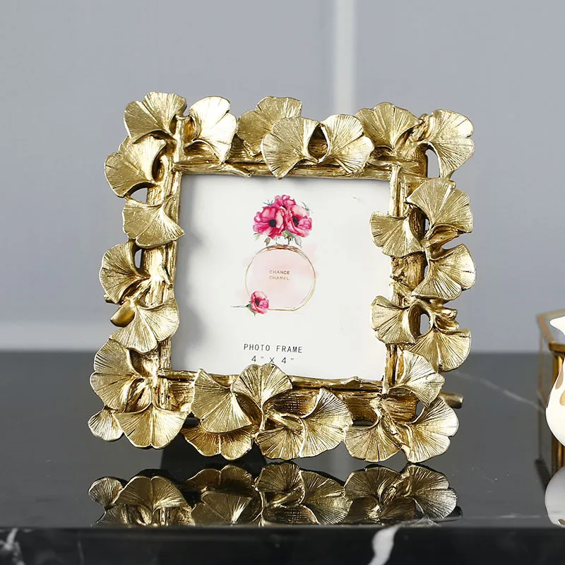 4 inch gold 1 шт., винтажная Золотая фоторамка с листом гинкго из смолы, домашний Ретро Декор, ремесла, свадебный подарок, 4/6 дюйма - Цвет: 4 inch gold