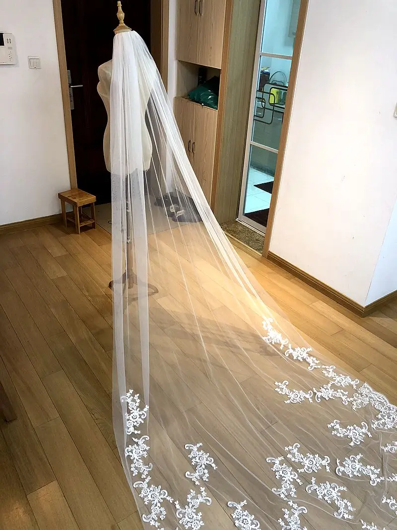 Новые реальные фотографии белый/слоновая кость Аппликация Mantilla свадебная фата Длинная свадебная вуаль с расческой свадебные аксессуары
