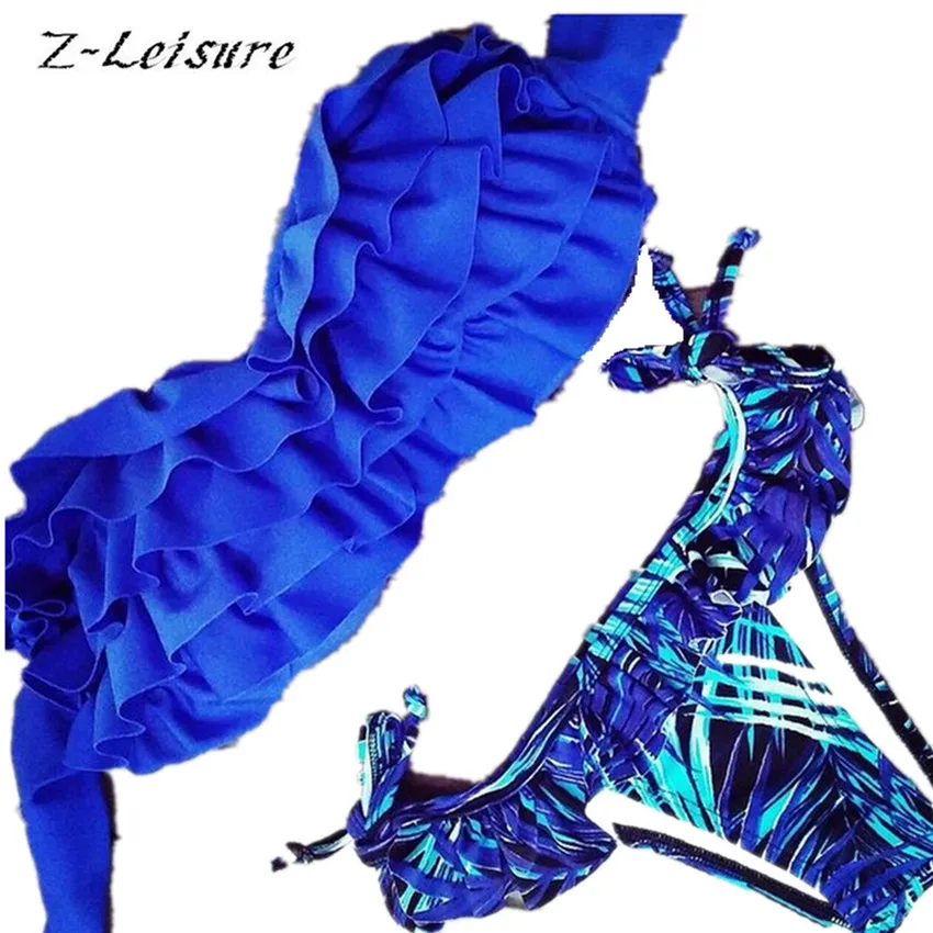 Брендовый комплект бикини с цветочным принтом синий купальник оборками женский