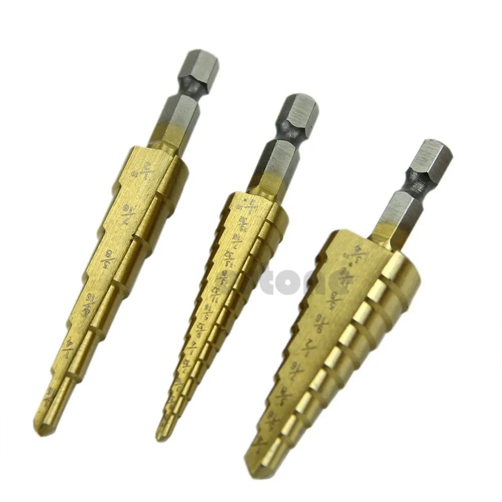 

New 3pc Quick-change 1/4" Hex Shank larger Titanium Coated Step Drill Bit Set