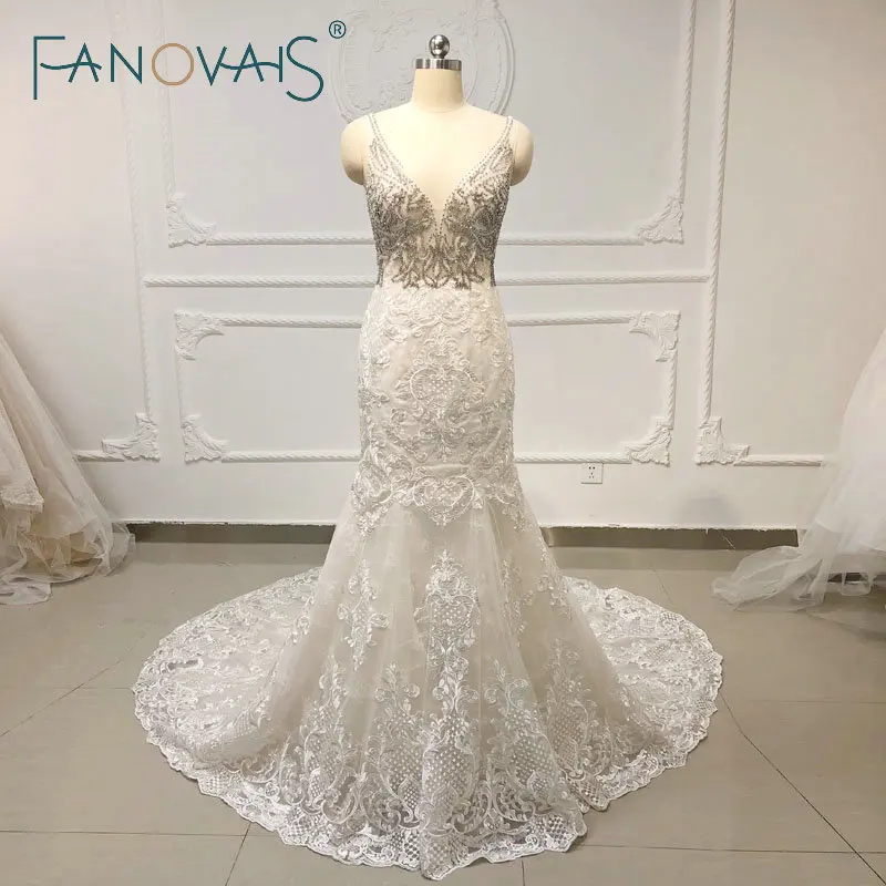 Crystal RhineStone Luxury Mermaid Wedding Dresses Lace Gowns 2019 Vestido De Novia Длинный Поезд Пляж Свадебные Платья
