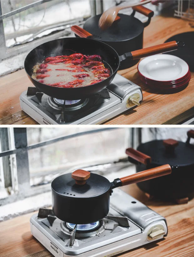 Японская чугунная плита с деревянной ручкой, многофункциональная кухонная бытовая сковорода с антипригарным плоским дном, кухонная сковорода