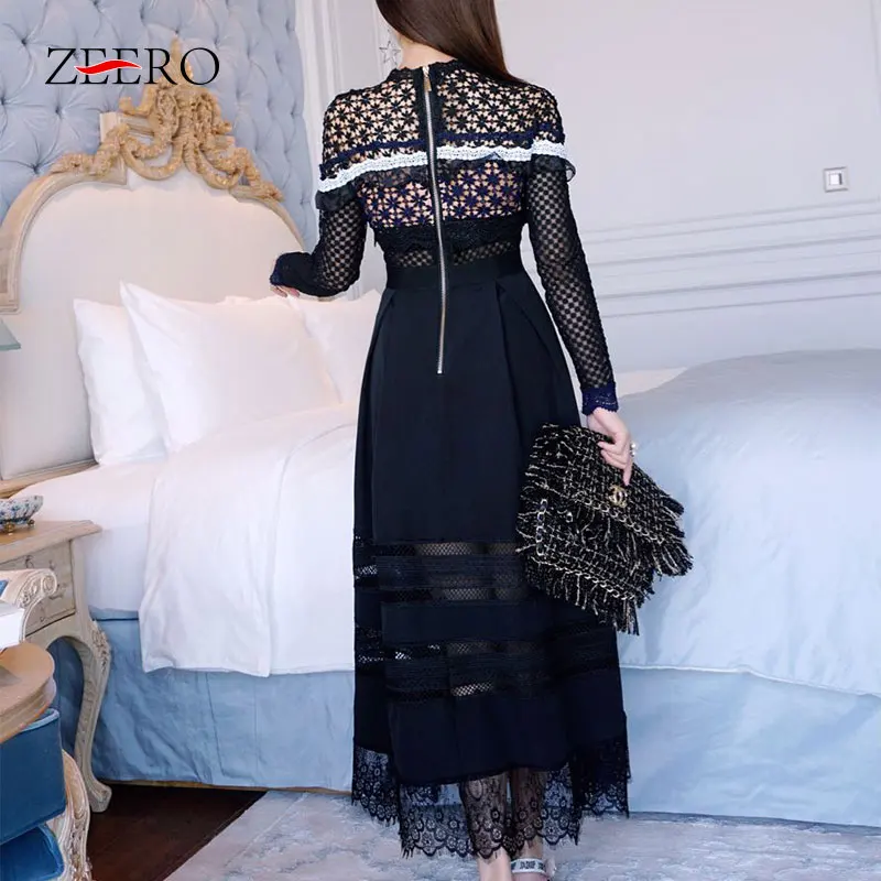 Женское кружевное платье с вышивкой ZEERO Черное длинное высокой талией и длинным