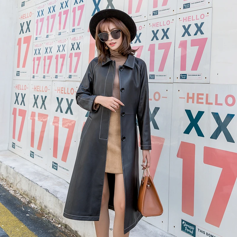 Европейская станция 2018 осень новая кожа Haining Женская длинная овечья ветровка