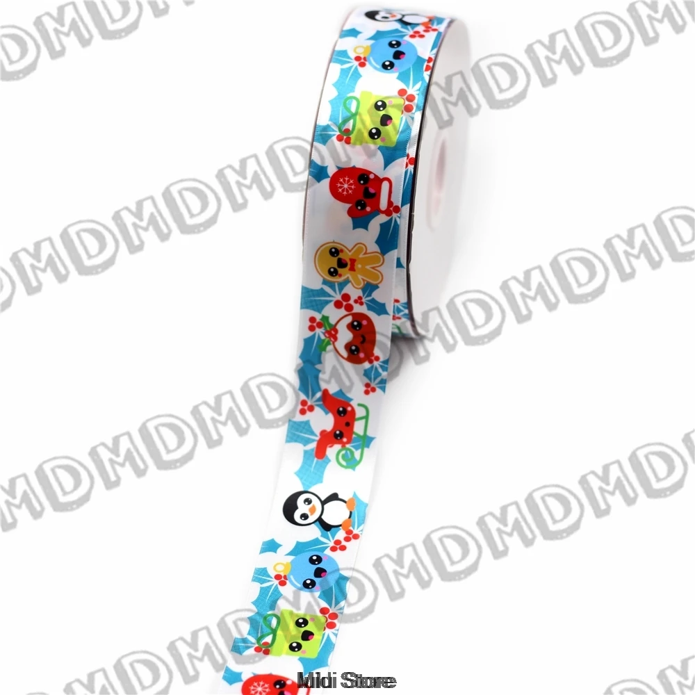 

100 Yards 9mm-75mm Size Cute Christmas Penguin Printed Satin Ribbon DIY Handmade Gift Wrapping, Packing Webbing MD161018-22-5593