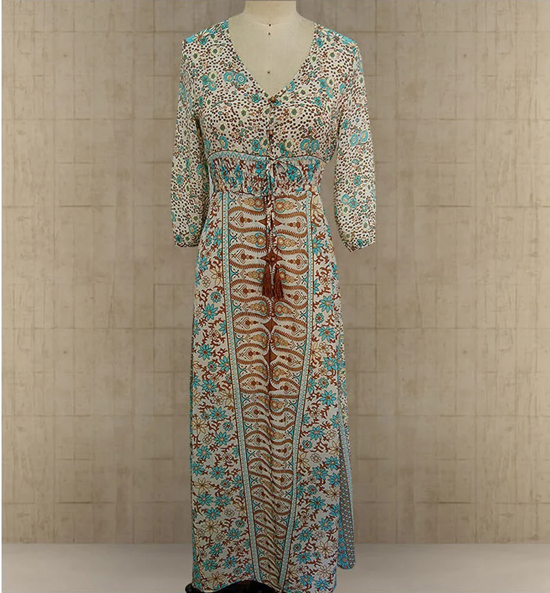 Boho летние женские макси длинное платье с v-образным вырезом Цветочные Сплит
