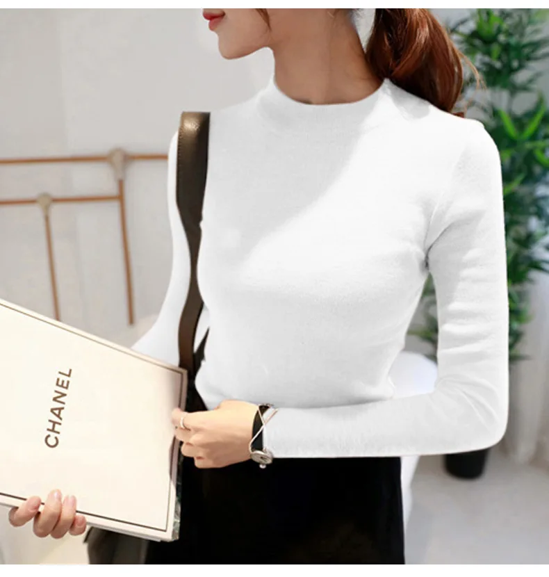 Autumn Winter Women Pullovers Sweater Knitted Elasticity Jumper Slim Half Turtleneck Warm Female White Black Sweaters Tops Femme | Женская