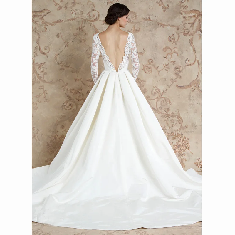 Sexy Design Satin V Neck Low Cut Backless Full Sleeves Custom Made A Line Bridal Wedding Gown 2016 Wholesale Online Dress | Свадьбы и