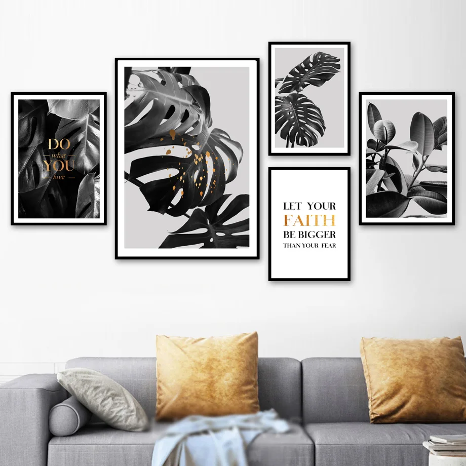 

Big Tropical Leaves Quotes Wall Art Canvas Painting Black White Nordic Posters And Prints Wall Pictures For Living Room Decor