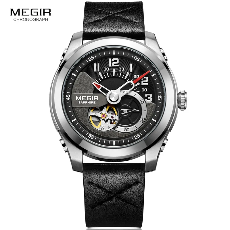 

Men's Black Leather Strap Hand Wind Mechanical Watches Clock Relogios Masculino Waterproof Wristwatch for Man 62050GBK-1