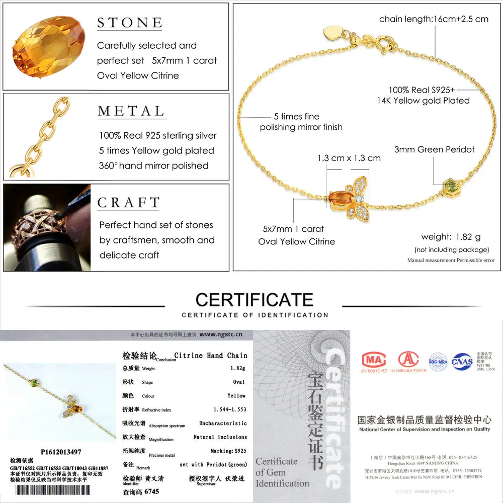 

Fine Jewelry Bracelets for Women 925 Sterling Silver 100% Natural Citrine Bee Gemstone Charm Bracelet Lovely Bijouterie CCHI002