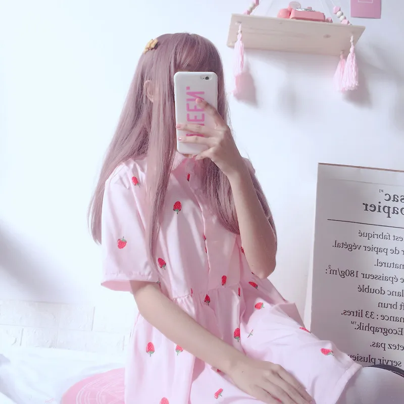 Женские платья японский Harajuku Ulzzang маленькое шифоновое платье с принтом клубники