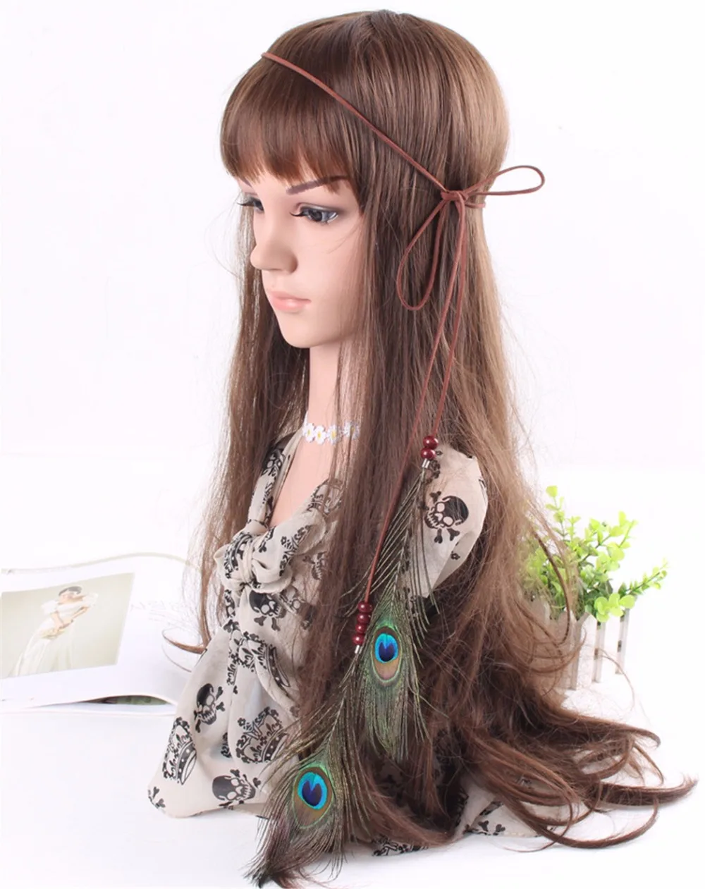 Boho Style коричневая кожаная цепочка деревянные бусины длинные кисточки перья
