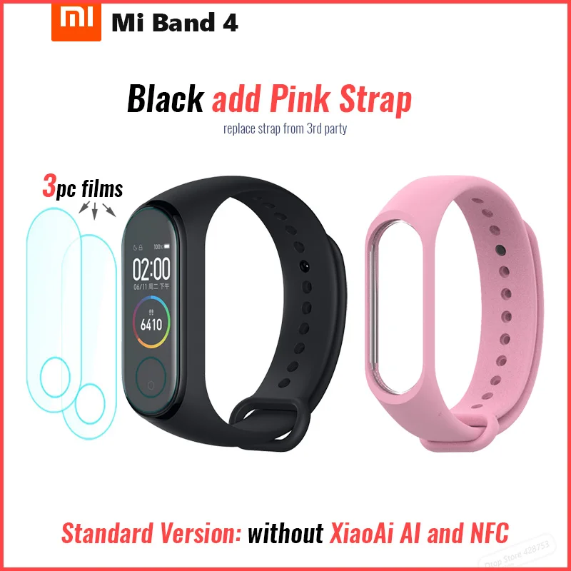 Xiaomi Mi смарт-браслет 4 Bluetooth 5,0 фитнес-браслет AMOLED цветной сенсорный экран Музыка AI пульс - Цвет: add film pink strap