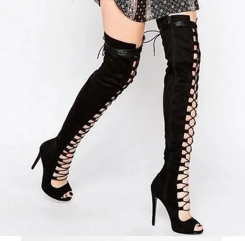 

2022 Luxury Peep Toe Over The Knee Summer Sandals Boots Cross-tied High Thin Heels Cut-Out Strappy Nude Black Suede Booties