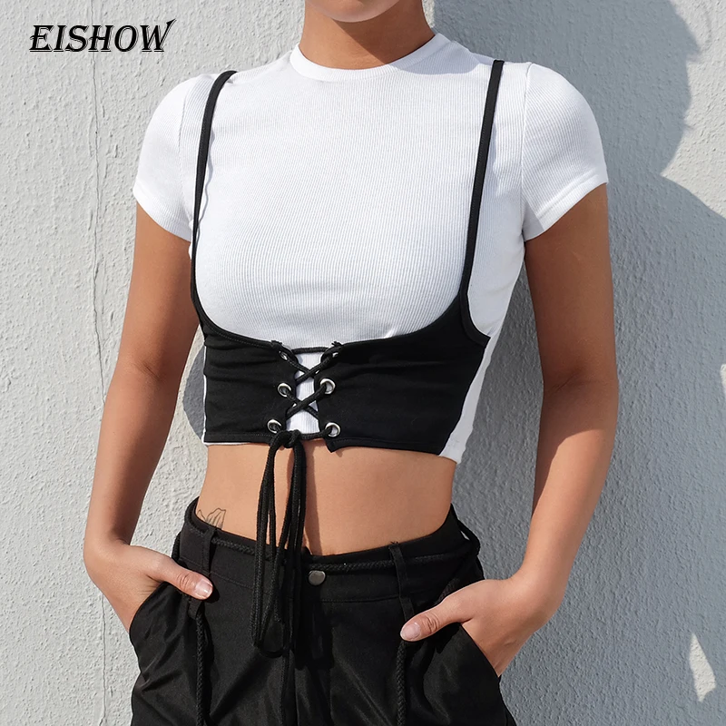 EISHOW Женская Сексуальная футболка повязки короткие кроп топы футболки короткий