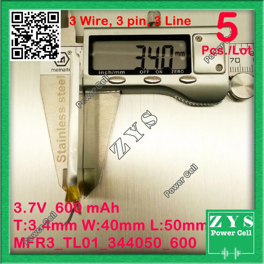 

5 pcs./Lot 3 wire li-ion battery 3.7v 600mAh rechargeable battery 3.7 v 600 mah Size: 3.4x40x50mm