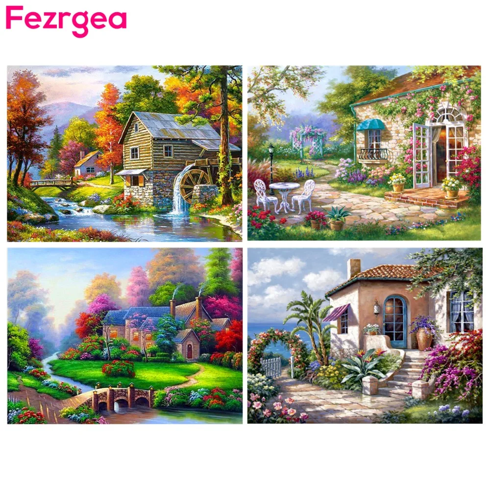 

Fezrgea DIY Diamond Embroidery Landscape Handmade Diamond Painting Full Dril Village Needlework Mosaic Cross Stitch Home Decor