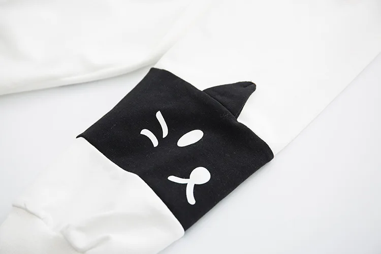 Harajuku Толстовка для женщин милый Кот Вышитые Черный Белый лоскутный осенний пуловер с длинными рукавами Толстовка Kawaii женская верхняя одежда