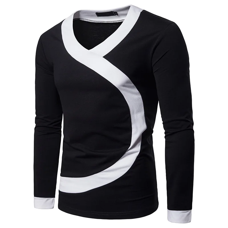 black Mens Hipster Classic V Neck T-shirt Autumn New Slim Fit Long Sleeve T Shirt Men Casual Brand Tops Tees Camiseta Masculina - Цвет: black