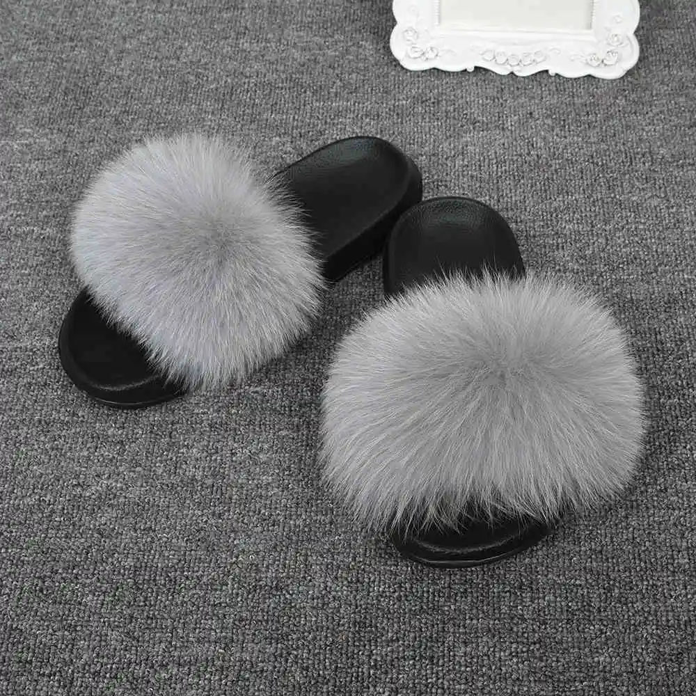 Light Grey CCFUR/Женские меховые тапочки; милые женские пушистые шлепанцы с натуральным лисьим мехом; женские меховые шлепанцы для дома; S6043B - Цвет: Light Grey