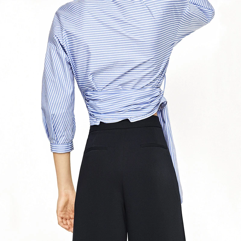 Синий белый тонкими полосками завязанный асимметричный хлопок смесь рубашки