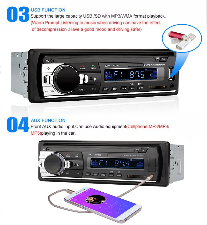Автомагнитола JSD520 Автомагнитола стерео плеер цифровой Bluetooth Автомобильный mp3 плеер 60Wx4 fm-радио стерео аудио с в тире AUX вход