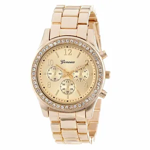 Женские кварцевые часы Geneva, классические часы с тремя глазами из нержавеющей стали и металлом, украшенные кристаллами, 2019