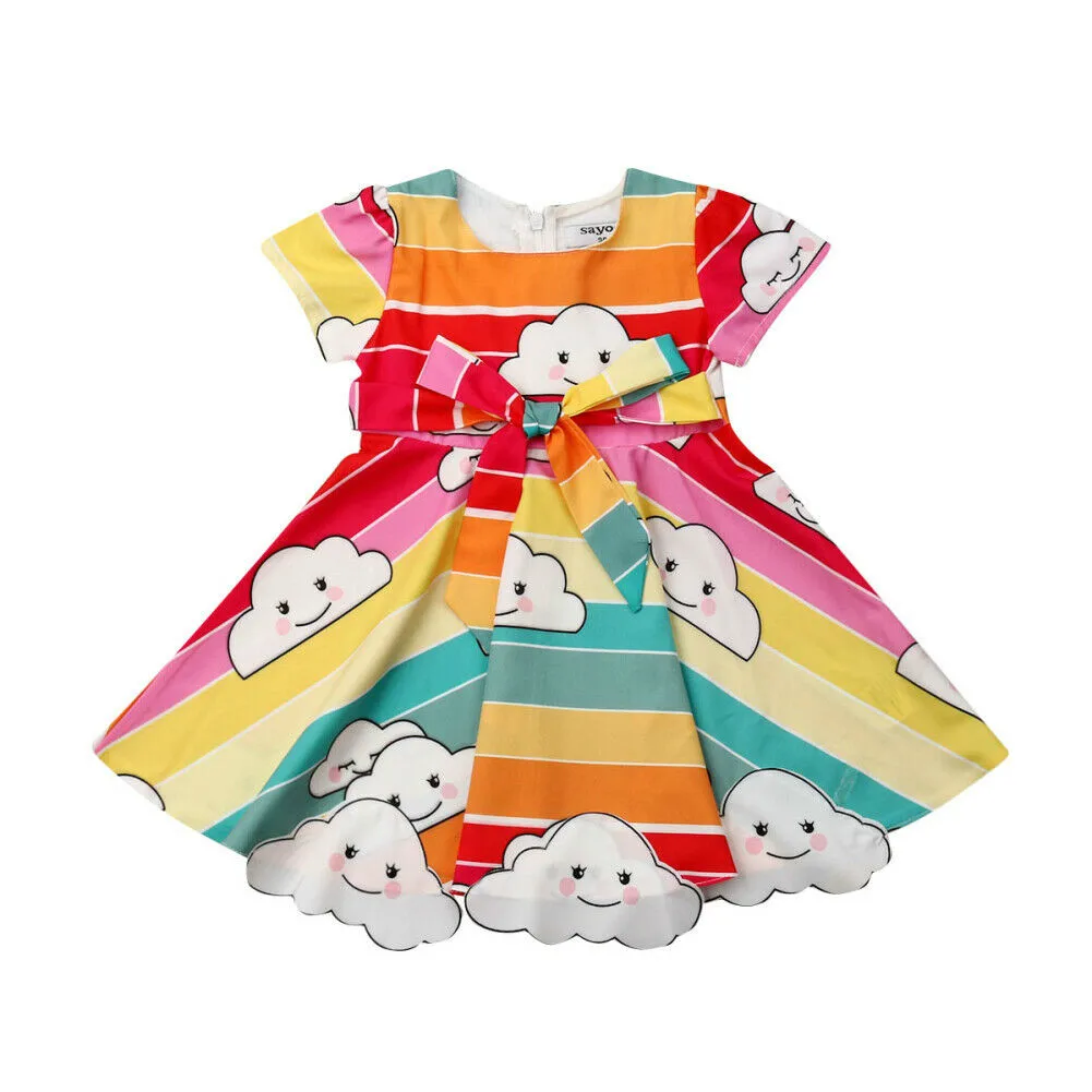 Princess Toddler Kids Baby Girl Rainbow Print Bow Formal Pageant Party Dress Clothes | Детская одежда и обувь