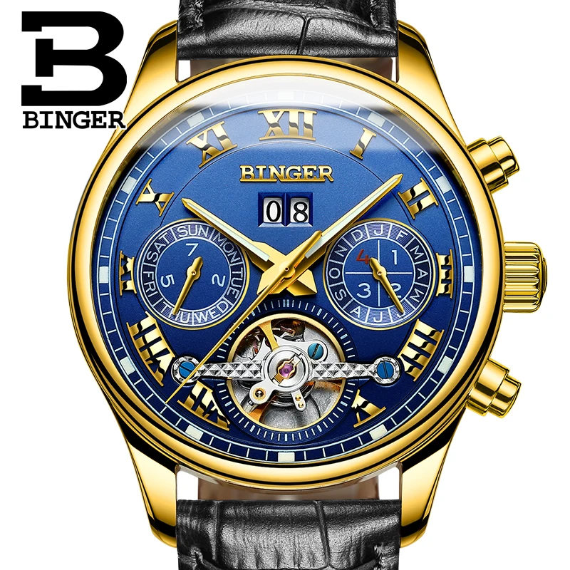 Роскошные золотые синие мужские часы Tourbillon с автоподзаводом механические