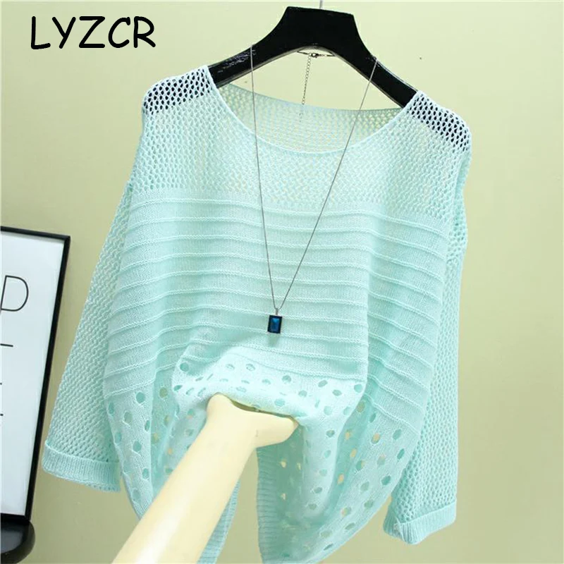 Transparent Knitted Sweater Women Summer Jumper Bat Sleeve Hollow Out Women's Oversized For Loose Knitwear Top | Женская одежда
