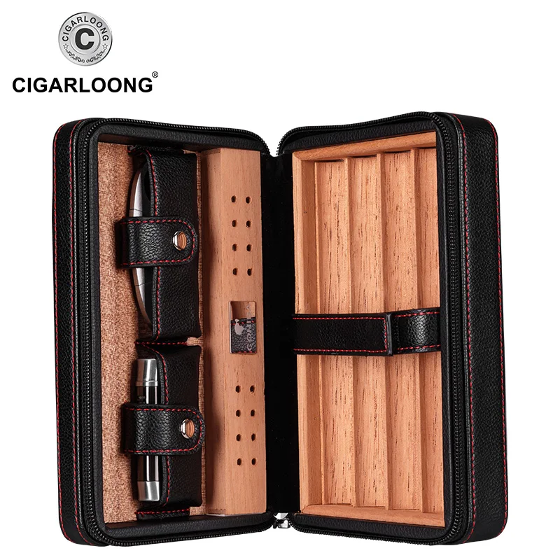 Cigar Case Humidor For 4 Cigars Cedar Wood Lined Leather Travel Cigar Humidor Humidifier Set Gift Box(No lighter cutter