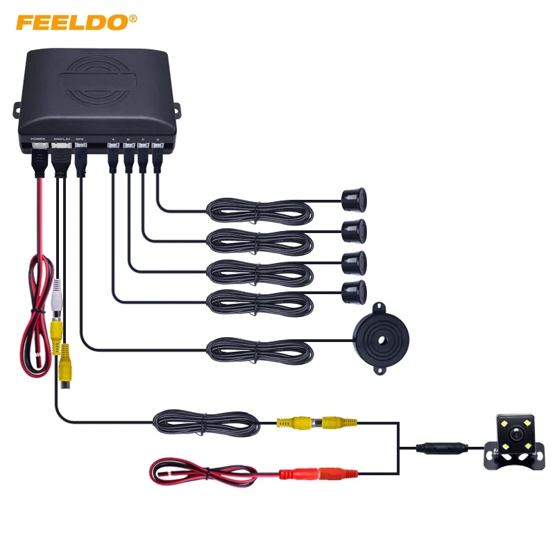

FEELDO Car 4-sensor Parking Sensor With CCD 4-LED Night Vision Camera Rear View Reversing System #HQ1687