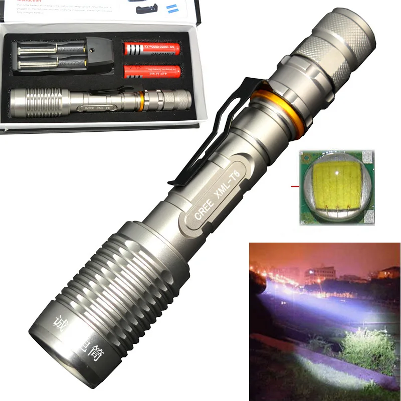 

High Light Rechargeable Flashlight CREE XML-T6 LED 200 Lumens Zoomable Flashlight Torch Lamp+Battery+Charger