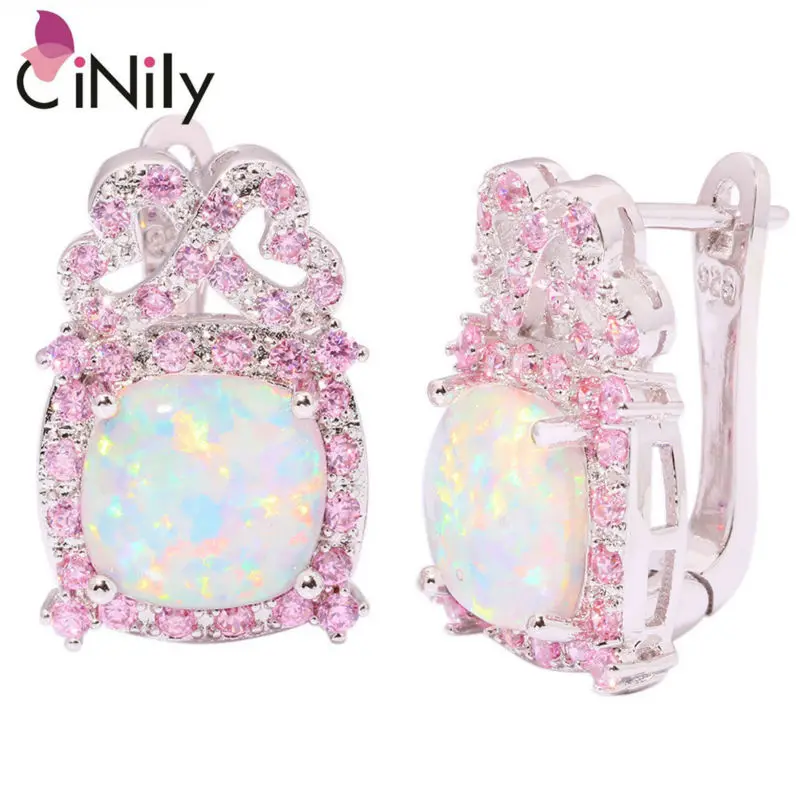 

CiNily Created White Fire Opal Pink Zircon Silver Plated Earrings Wholesale for Women Jewelry Gift Hoop Earrings 7/8" OH3934