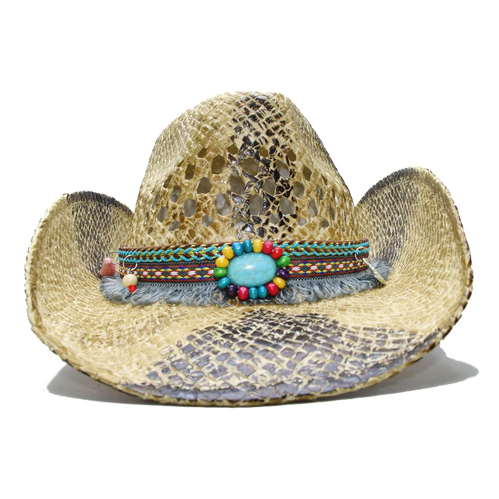 

LUCKYLIANJI Women's Men's Summer Straw Beach Cowboy Western Cowgirl Fedora Hat Hollow Tassel Turquoise Bead Band (adjusted )