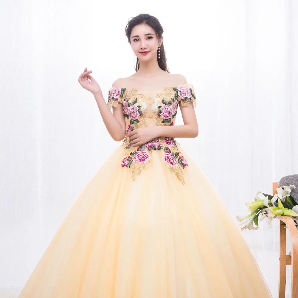 Ruthshen с открытыми плечами платья Quinceanera желтого цвета аппликацией бисером Пышное