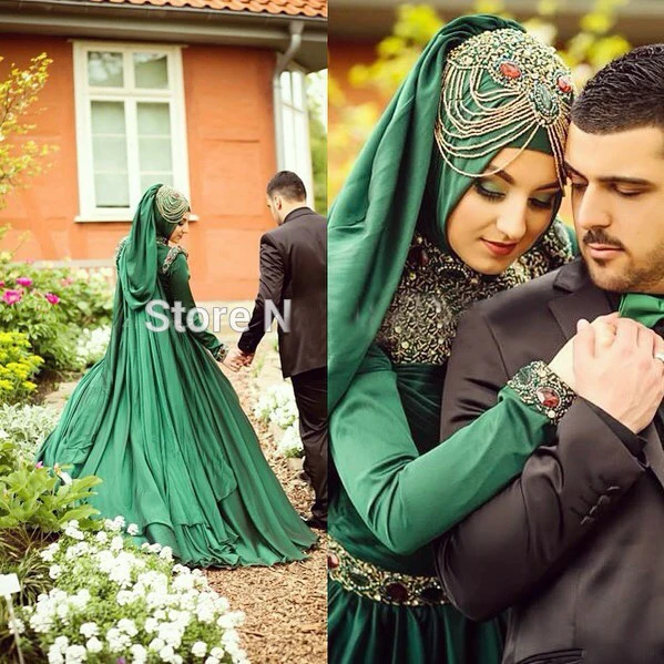 Vestido De Noiva Emerald Green Long Sleeve Crystal Beaded Floor Length Hijab Muslim Wedding Dress Robe De Mariage