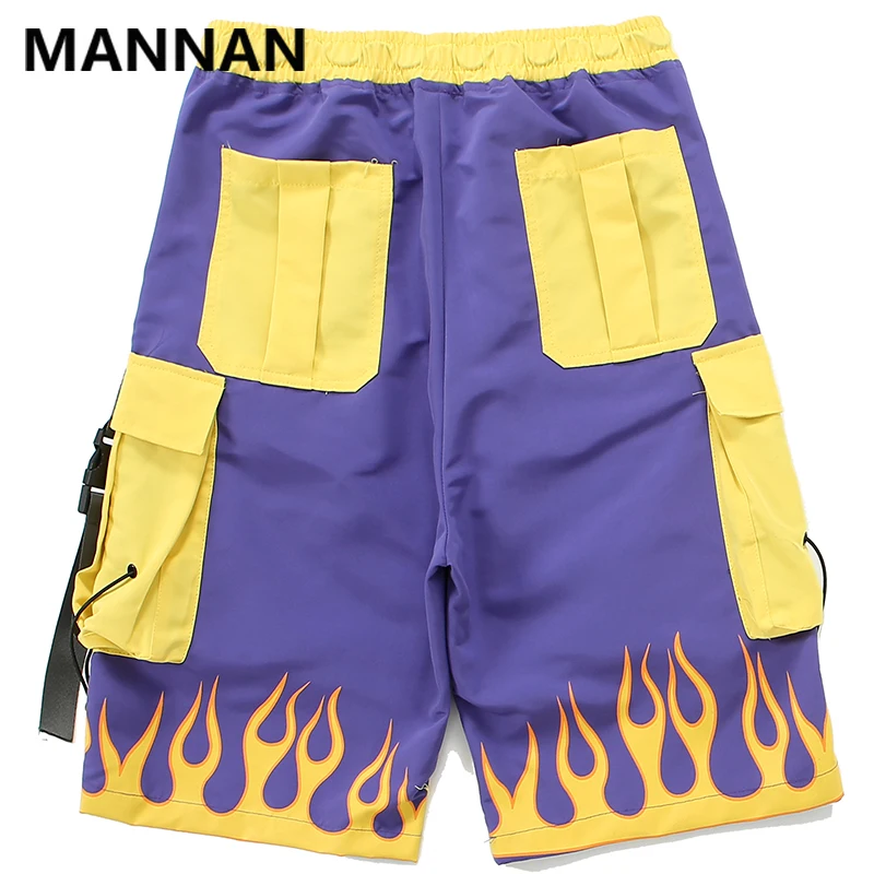 MANNAN, короткие штаны, мужские, повседневные, хип-хоп, карман, огонь, уличная одежда, с принтом, свободные, карго, шорты, мужские, летние, модные, уличные, бермуды