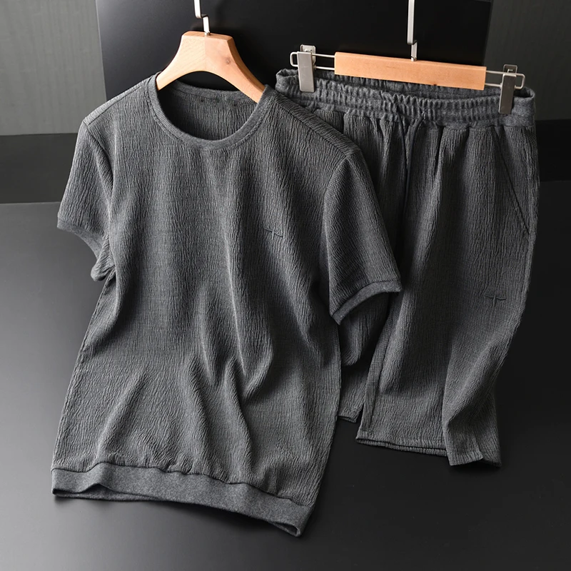 

Minglu Summer Men Sets Plus Size 3XL 4XL Luxury Sport Short Sleeve Man Sets(T-SHIRTS+PANTS) Wrinkle Slim Mens Sets With Short