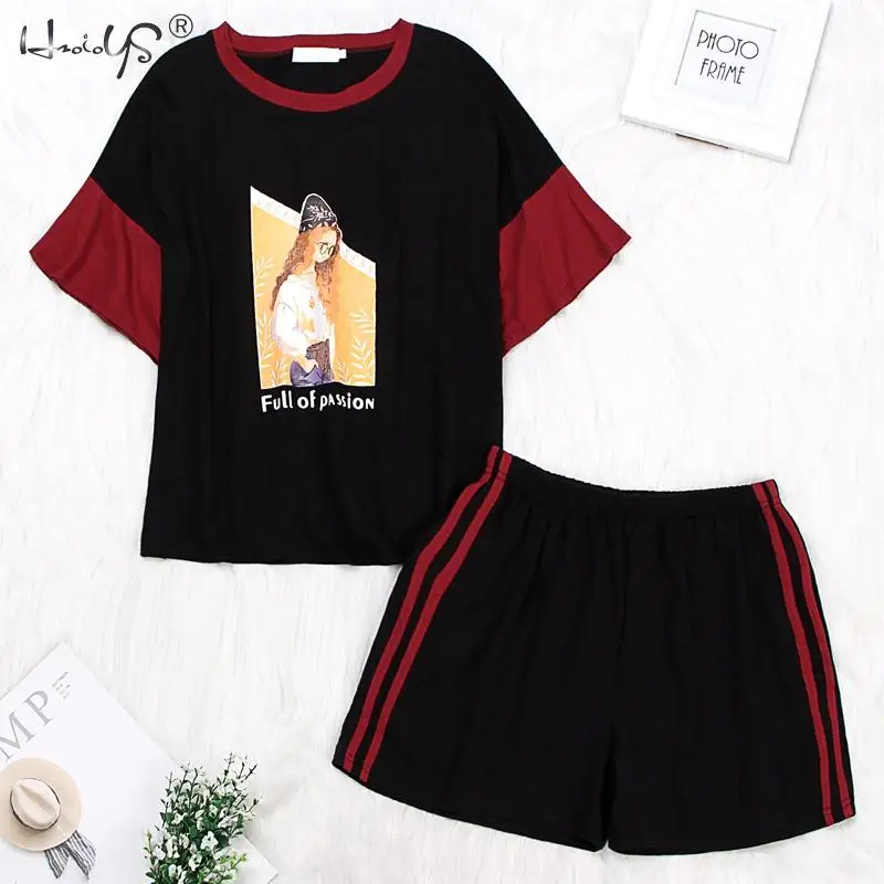 Kawaii/пижамный комплект из двух предметов; женский домашний костюм с короткими рукавами и рисунком+ шорты; пижама из хлопка; летняя домашняя пижама