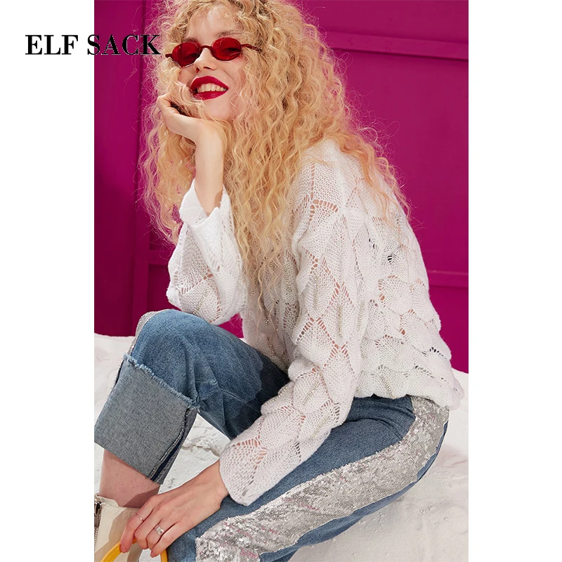 ELFSACK, новинка, зимний женский свитер, Повседневный, круглый вырез, полный, однотонный, негабаритный, свитер для женщин, шикарный стиль, свободный женский свитер