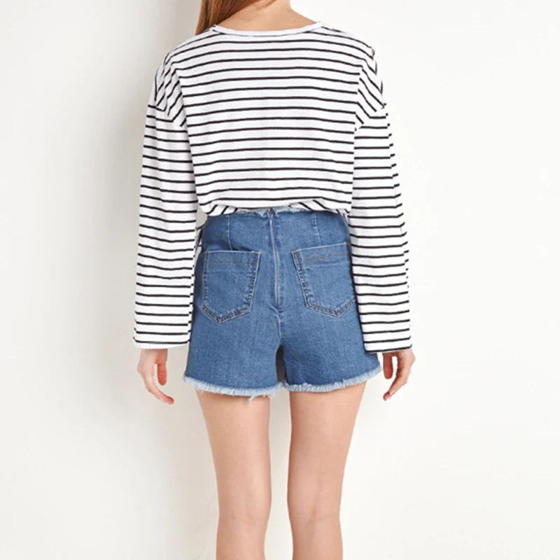 С длинными рукавами футболки Для женщин в полоску с круглым вырезом Футболки