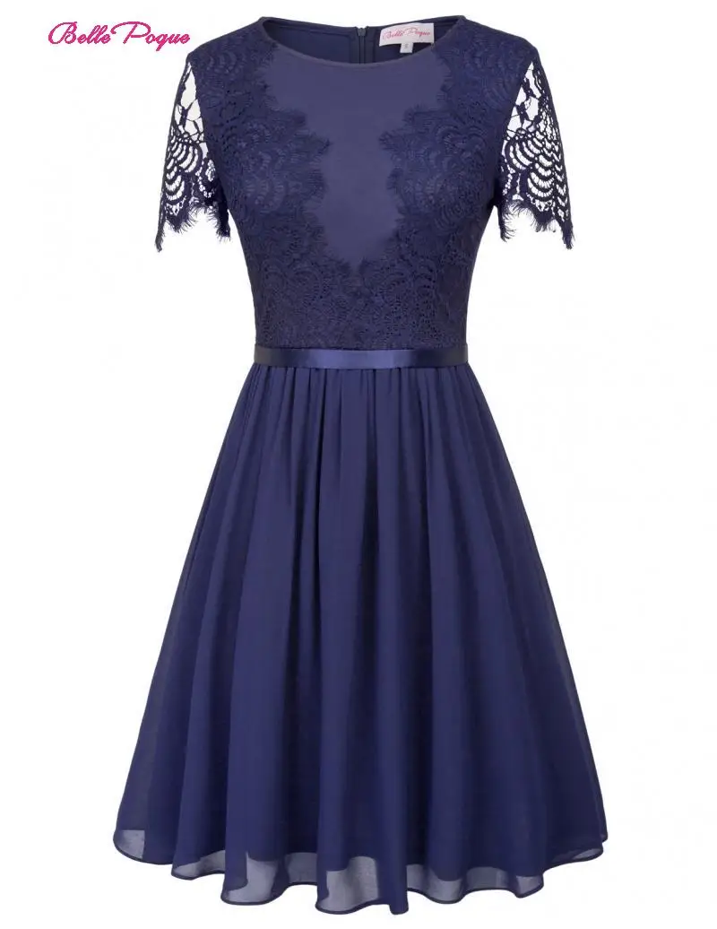 Belle Poque Women Short Sleeve Lace Patchwork Hollow Dress O-neck Breathable A-line Ladies Elegant Party Summer | Женская одежда