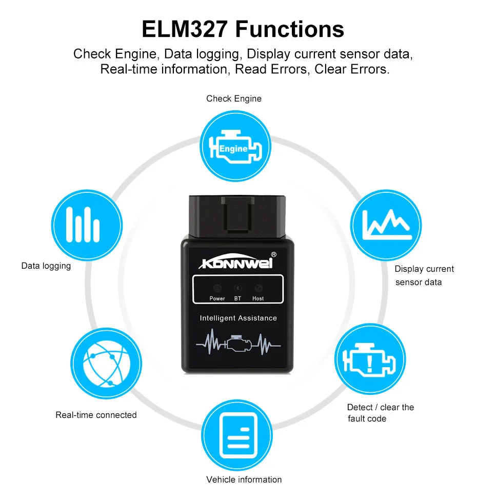 Elm327 Bluetooth OBD2 V1.5 Elm 327 v1.5 OBD 2 Автомобильный диагностический инструмент KONNWEI сканер