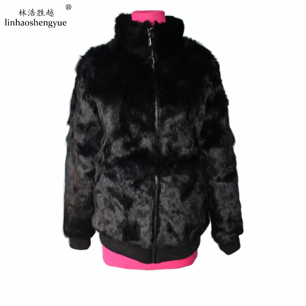 Linhaoshengyue Three Close Mouth Zipper Black Rabbit Fur Coat