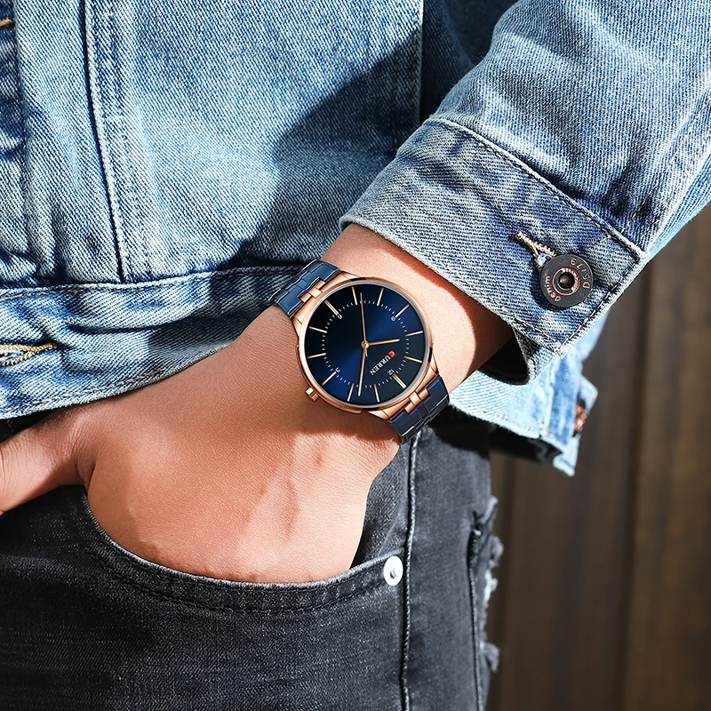 Мужские часы Curren повседневные Водонепроницаемые Синие наручные минималистичные